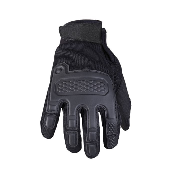 Guantes tácticos WARRIOR negros, diseño anatómico con refuerzo en nudillos y ajuste de muñeca