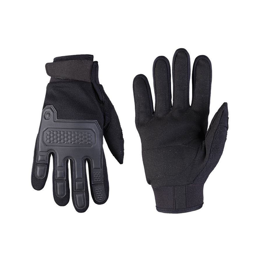 Guantes tácticos WARRIOR negros, diseño anatómico con refuerzo en nudillos y ajuste de muñeca