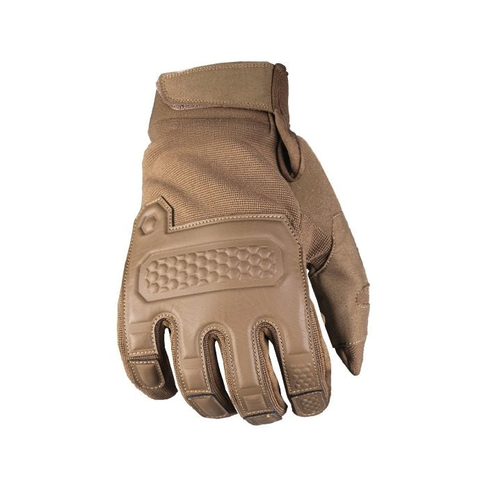 Guantes tácticos WARRIOR Dark Coyote, vista mostrando refuerzos y corte anatómico