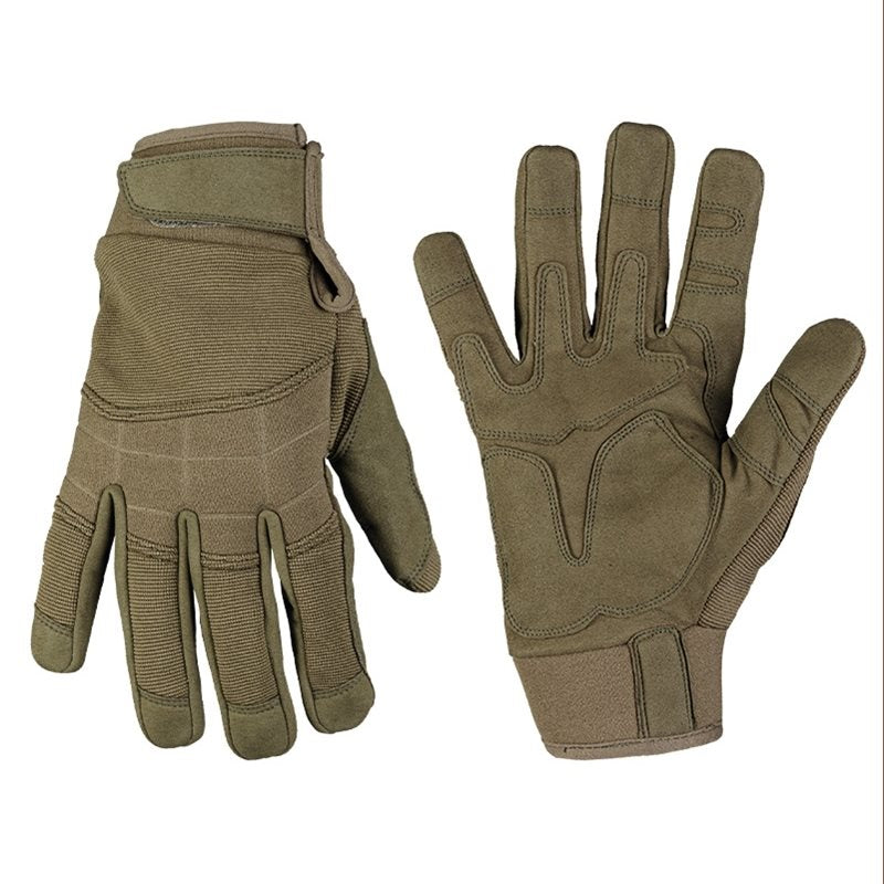 Guantes ASSAULT verdes MIL-TEC con inserto de neopreno en nudillos y muñeca, palma reforzada y ventilación