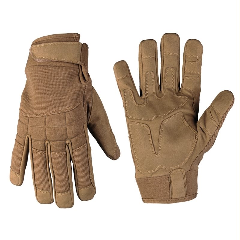 Guantes ASSAUT COYOTE de MIL-TEC, vista de palma y dorso con refuerzos y cierre velcro