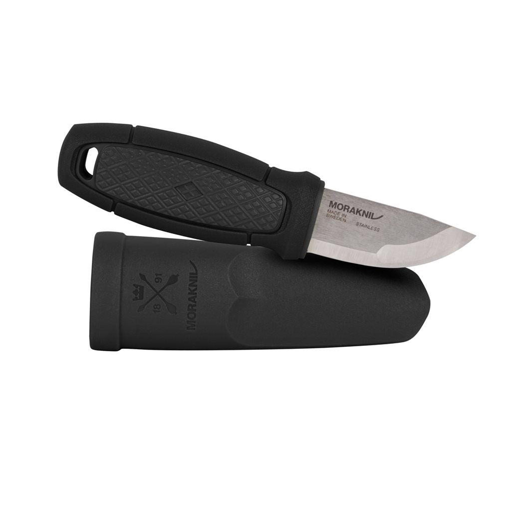 Cuchillo ELDRIS negro con funda de plástico, anilla para cordón y pedernal