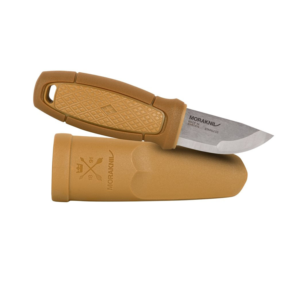 Cuchillo ELDRIS negro con funda de plástico, anilla para cordón y pedernal