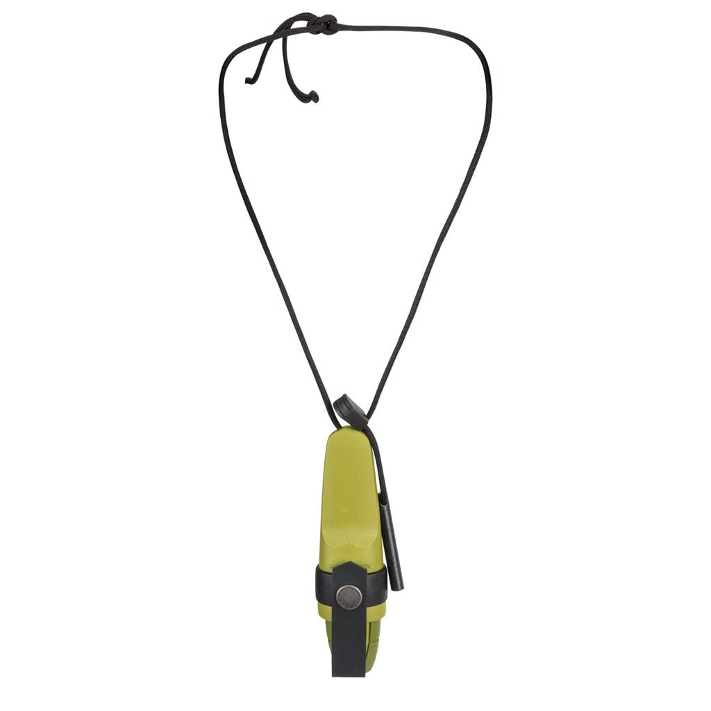 Cuchillo ELDRIS negro con funda de plástico, anilla para cordón y pedernal