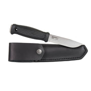 Cuchillo Mora Garberg con funda de cuero negra, mango antideslizante y hoja de acero inoxidable