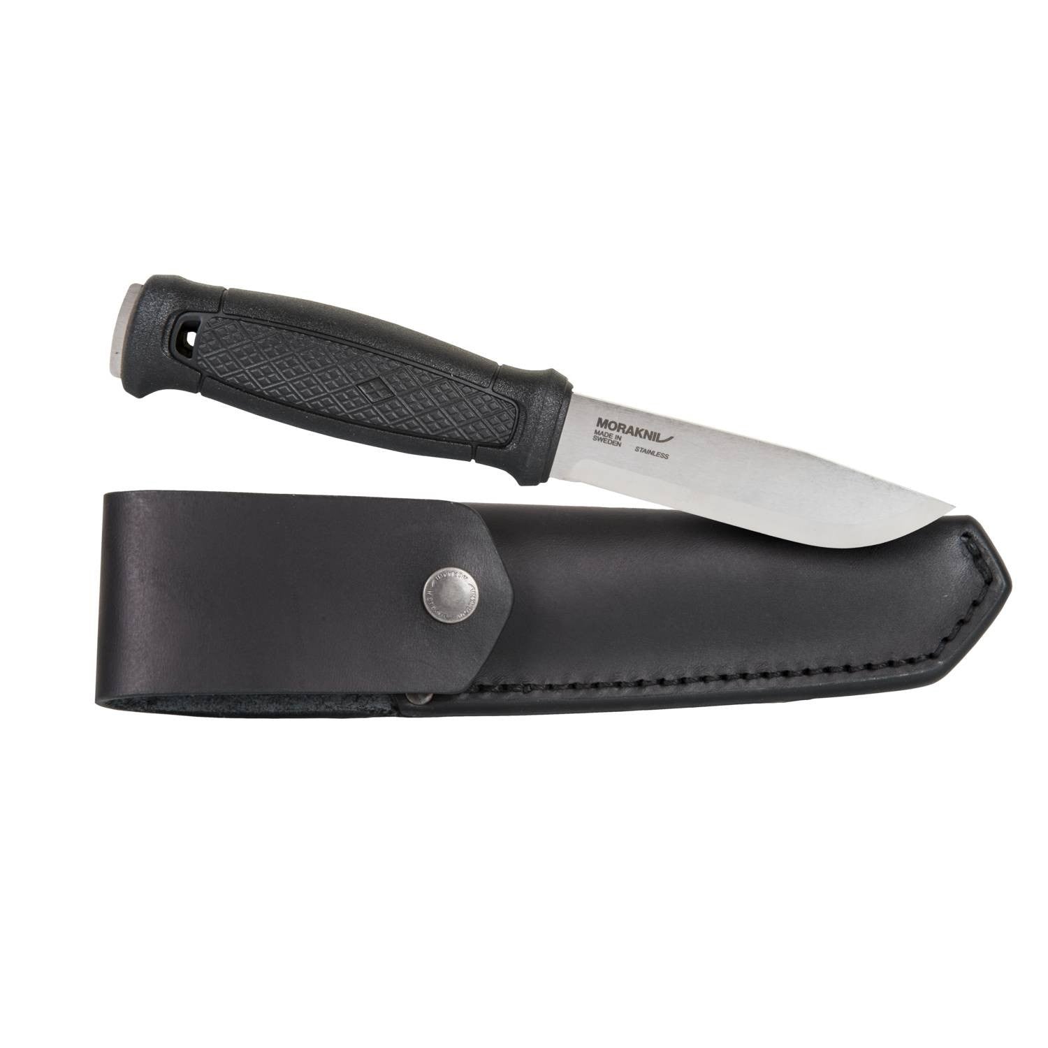 Cuchillo Mora Garberg con funda de cuero negra, mango antideslizante y hoja de acero inoxidable