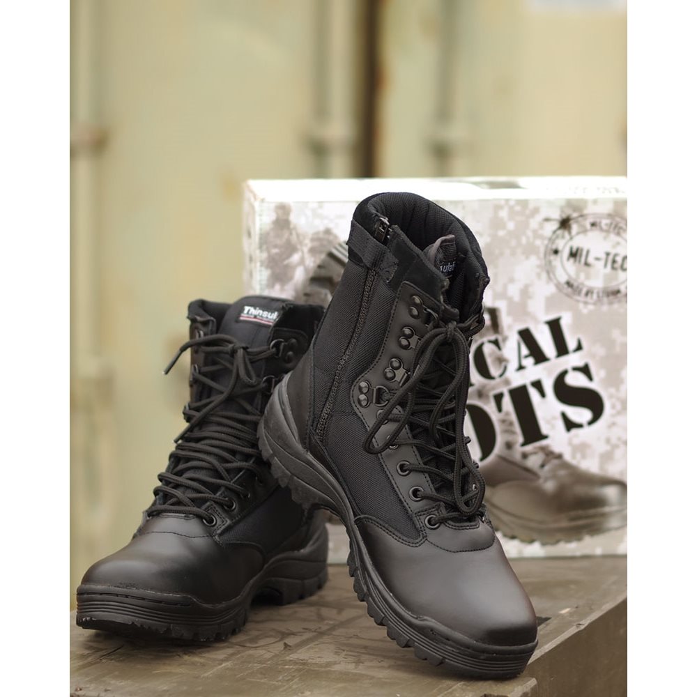 Botas tácticas TACTICAL negras con cremallera YKK, cuero bovino, CORDURA y suela de goma
