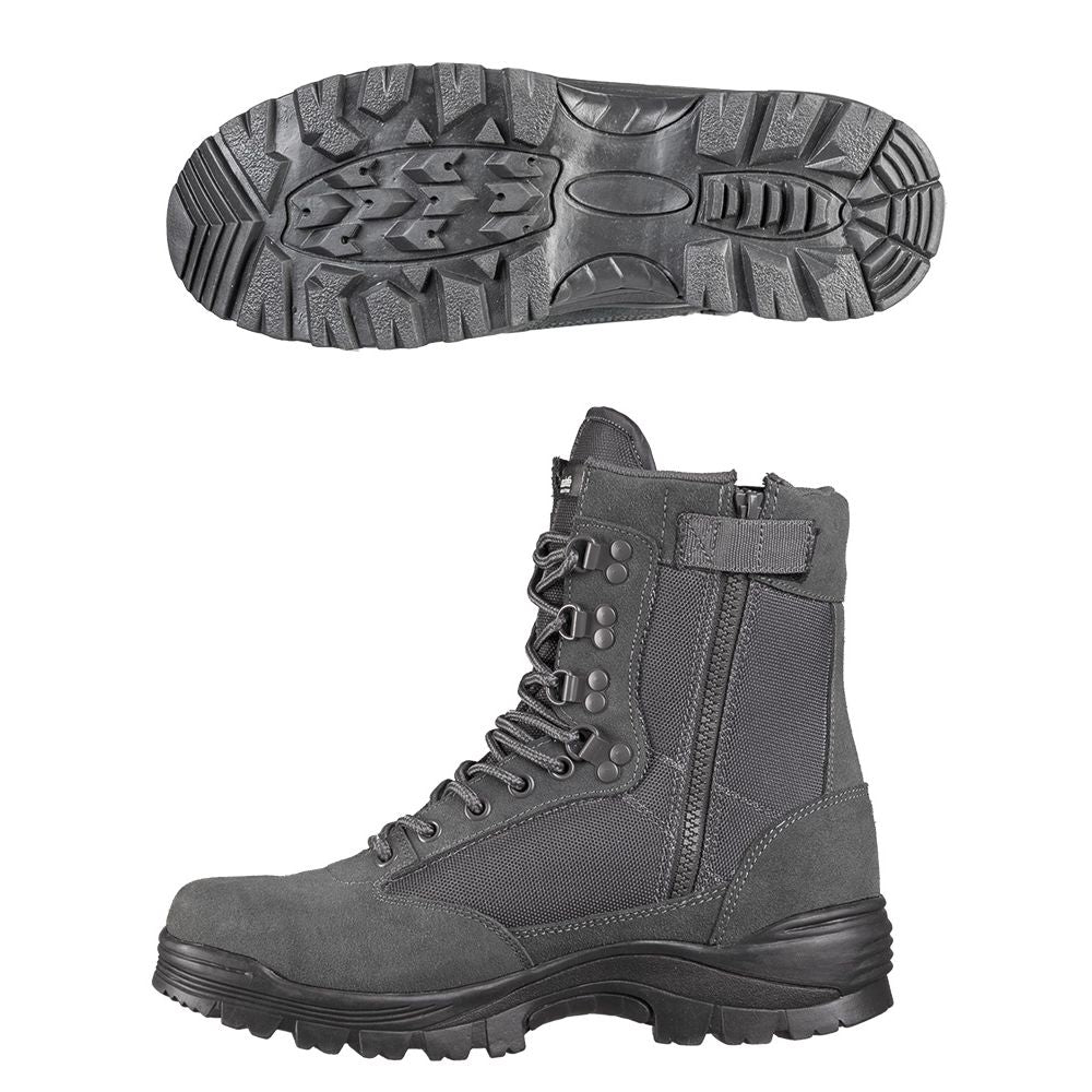 Botas tácticas TACTICAL con cremallera YKK grises, piel vacuna, CORDURA y suela de goma