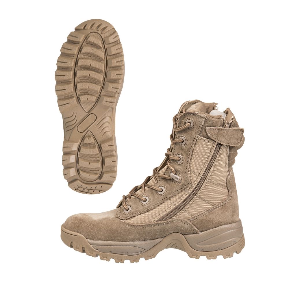 Botas TACTICAL COYOTE en color coyote con dos cremalleras YKK, piel vacuna y Cordura
