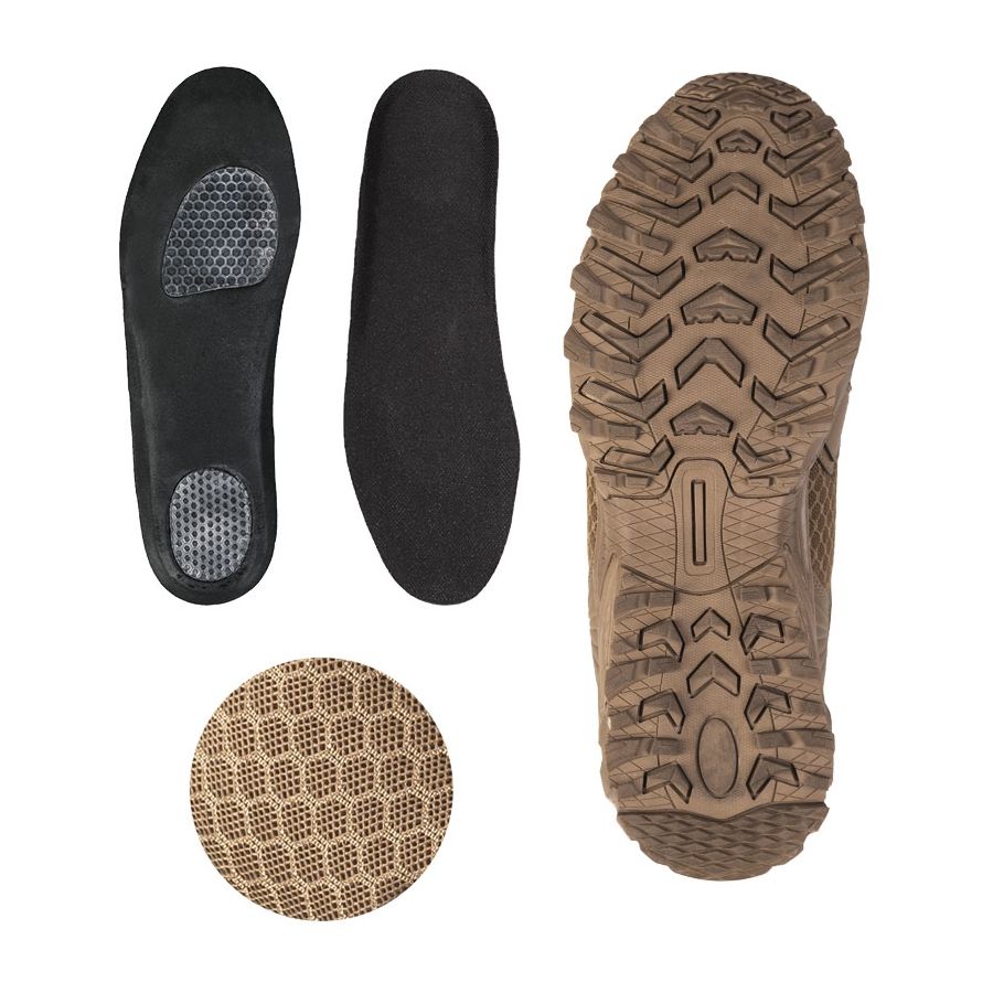 Calzado GERMAN Outdoor Sport COYOTE. Material transpirable con piel, suela de goma y plantilla EVA con gel.