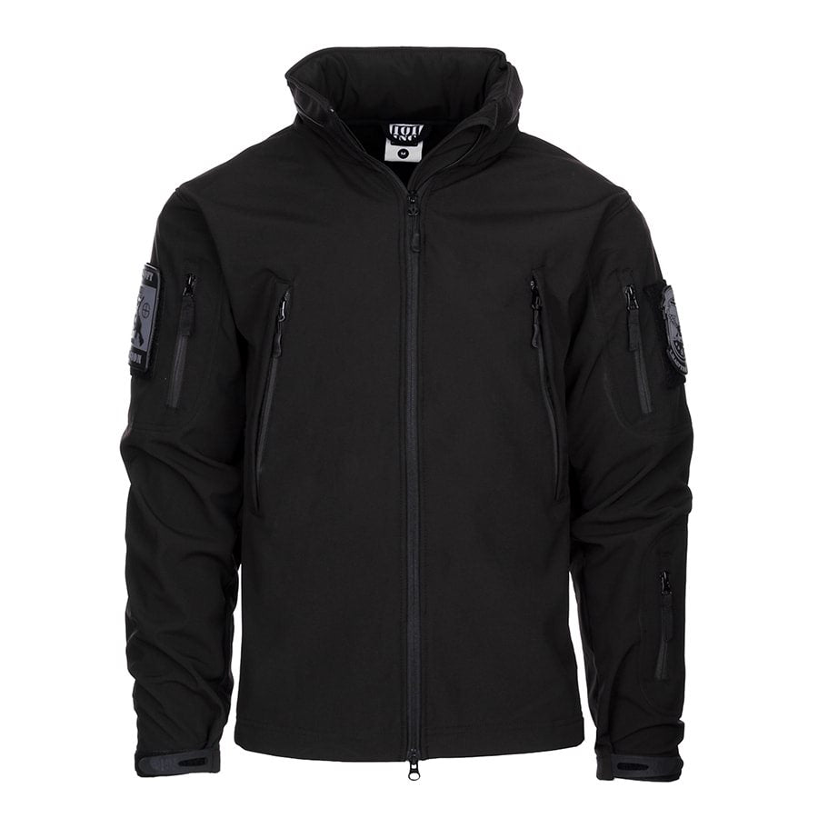 Chaqueta softshell TACTICAL 101 INC negra con bolsillos en mangas y paneles velcro
