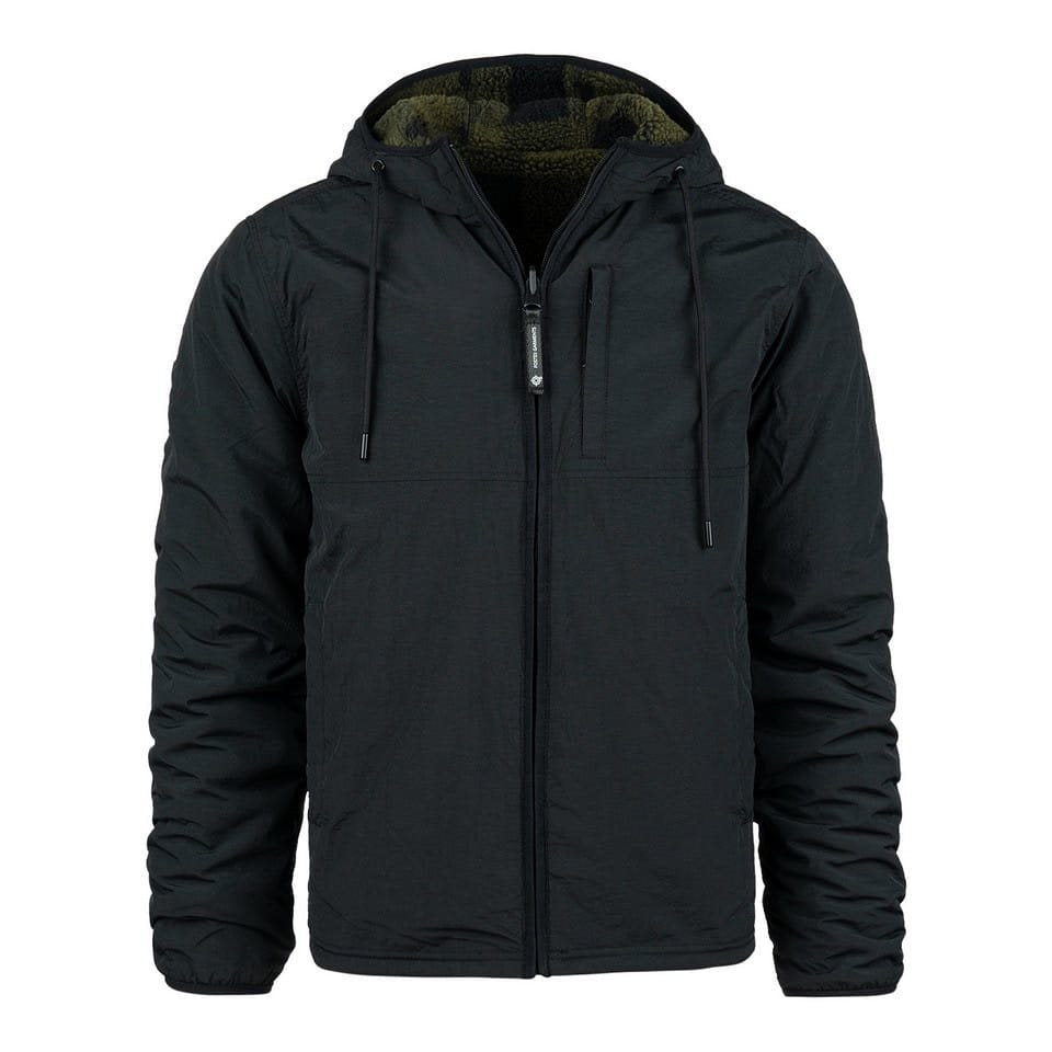 Chaqueta reversible softshell negra y verde con forro sherpa y capucha ajustable
