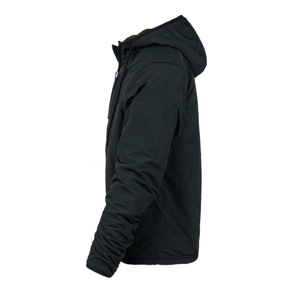 Chaqueta reversible softshell negra y verde con forro sherpa y capucha ajustable