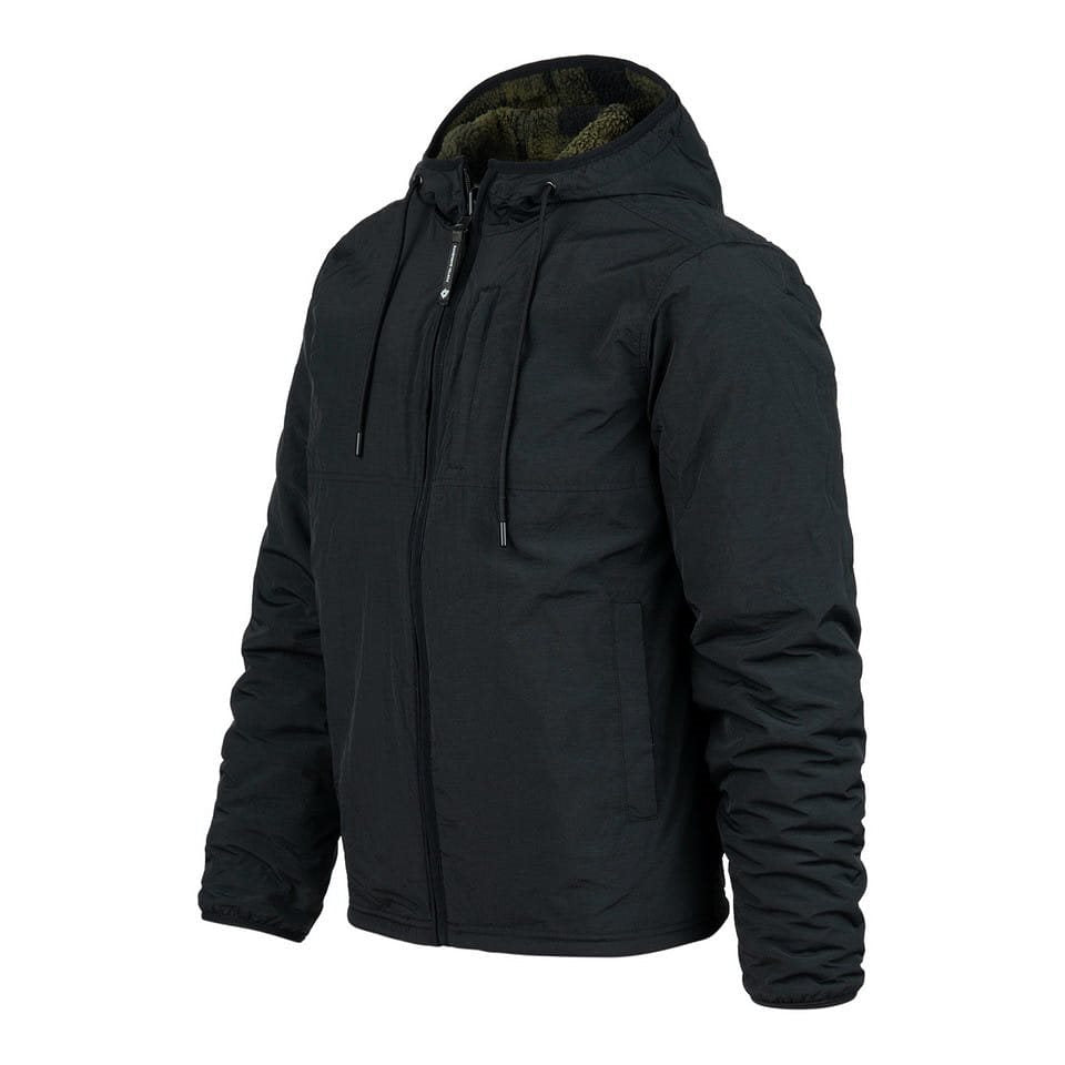 Chaqueta reversible softshell negra y verde con forro sherpa y capucha ajustable
