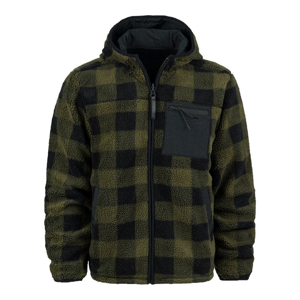 Chaqueta reversible softshell negra y verde con forro sherpa y capucha ajustable