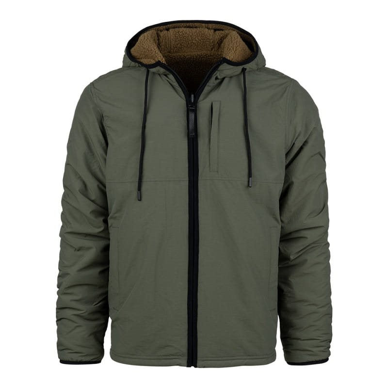 Chaqueta reversible softshell impermeable y sherpa con capucha ajustable coyote/verde
