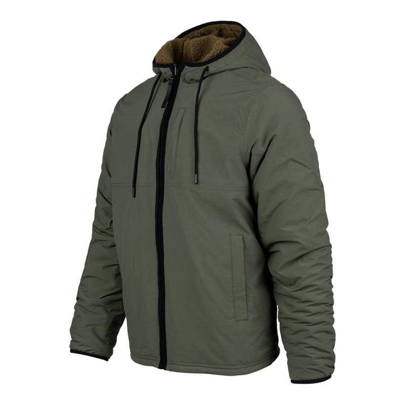 Chaqueta reversible softshell impermeable y sherpa con capucha ajustable coyote/verde