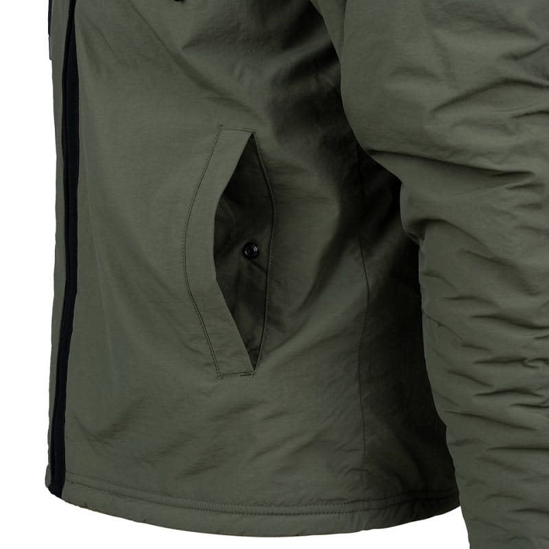 Chaqueta reversible softshell impermeable y sherpa con capucha ajustable coyote/verde
