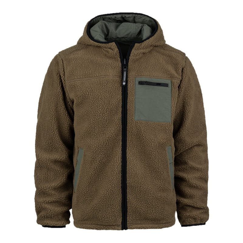 Chaqueta reversible softshell impermeable y sherpa con capucha ajustable coyote/verde