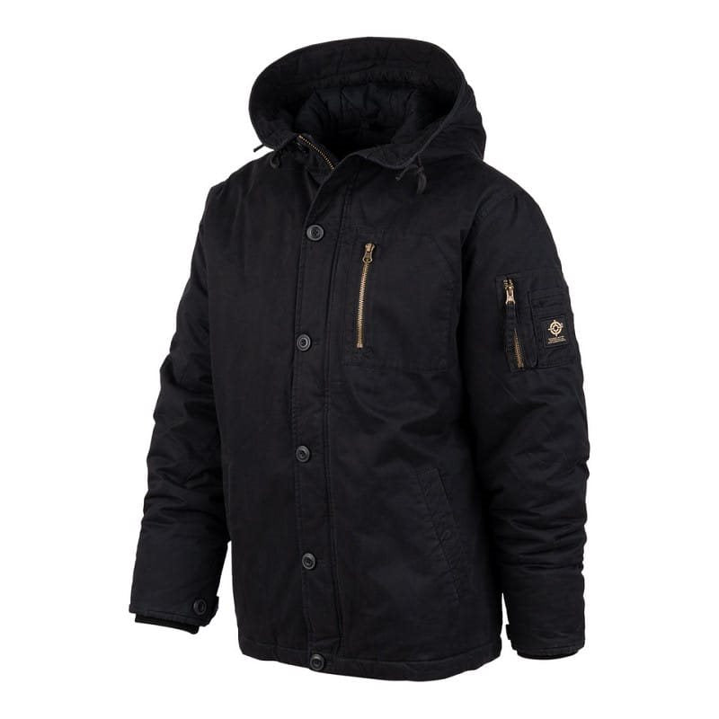 Parka Commander Army negra, vista frontal, algodón con efecto lavado