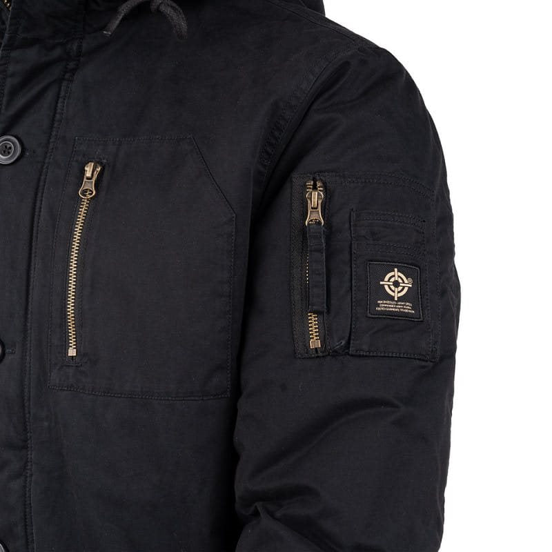 Parka Commander Army negra, vista frontal, algodón con efecto lavado