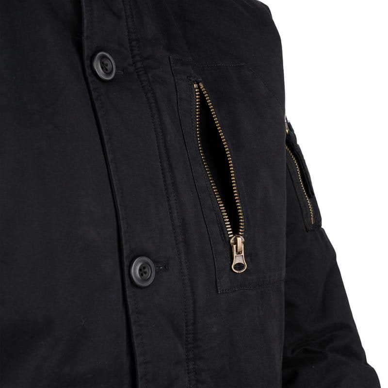 Parka Commander Army negra, vista frontal, algodón con efecto lavado