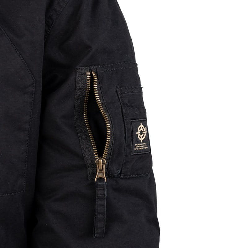 Parka Commander Army negra, vista frontal, algodón con efecto lavado