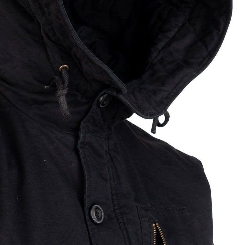 Parka Commander Army negra, vista frontal, algodón con efecto lavado