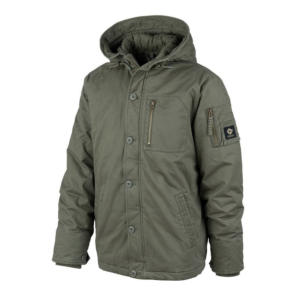 Parka Commander Army verde, parka cálida de algodón con acabado lavado vista frontal