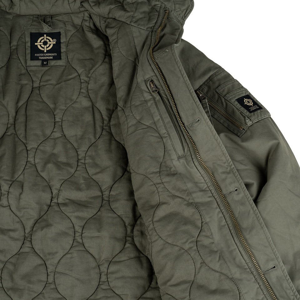 Parka Commander Army verde, parka cálida de algodón con acabado lavado vista frontal