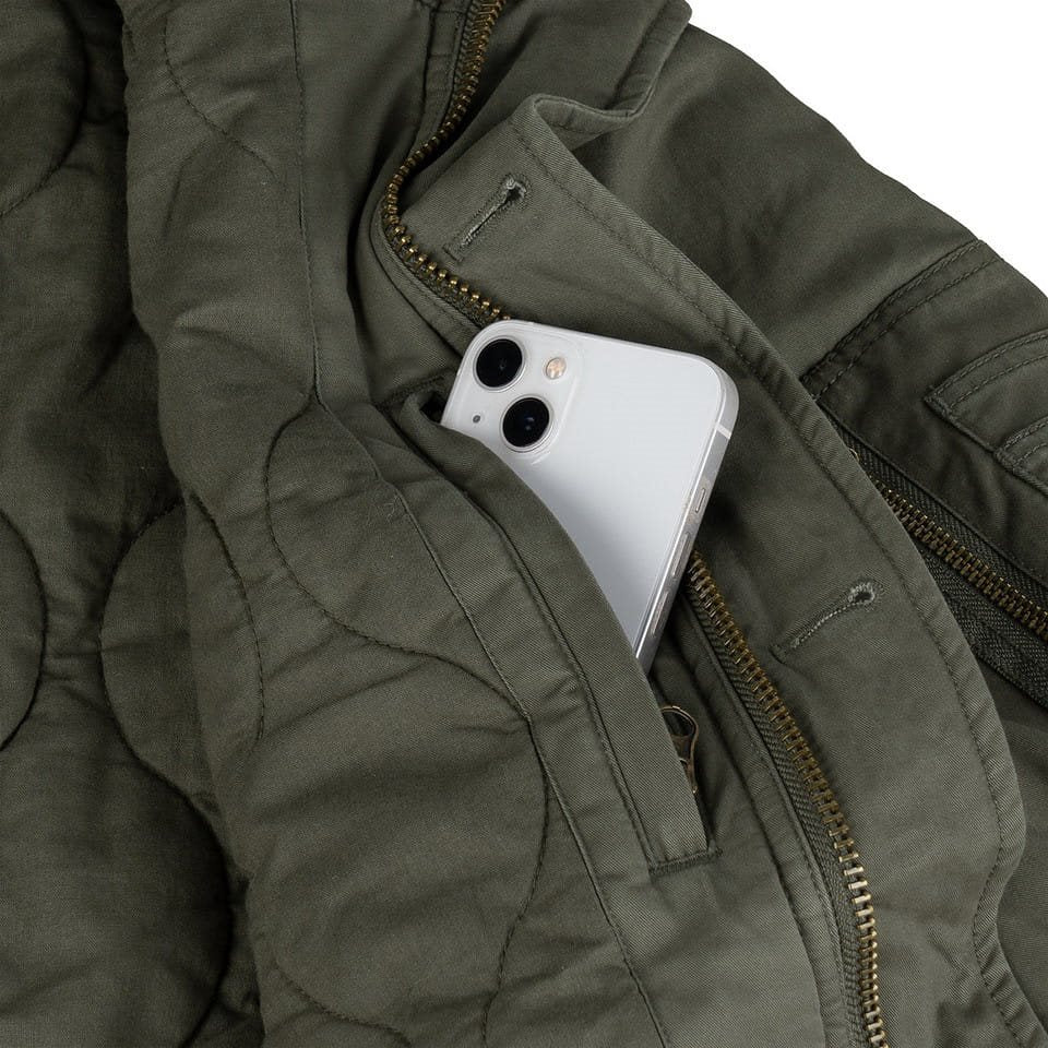 Parka Commander Army verde, parka cálida de algodón con acabado lavado vista frontal