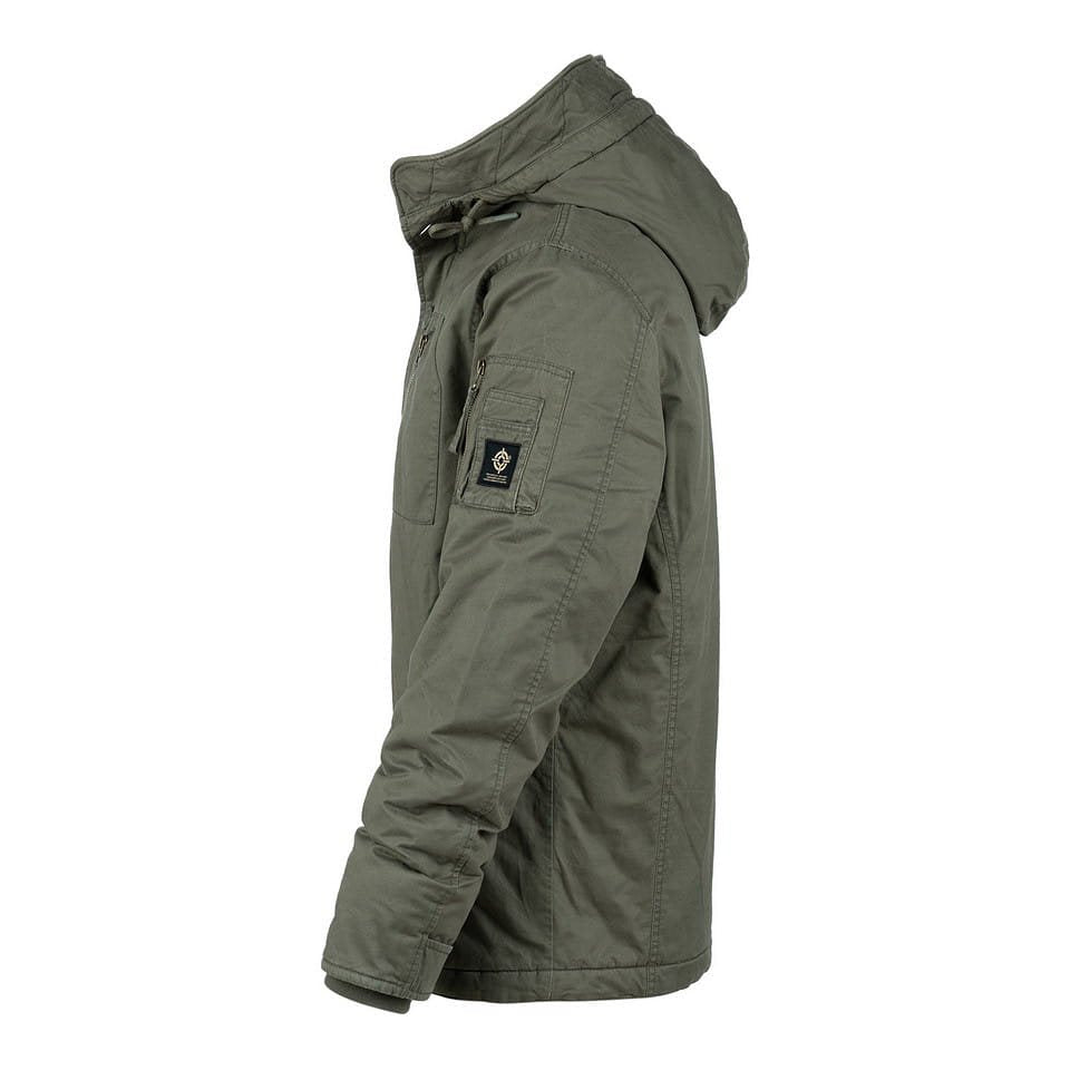 Parka Commander Army verde, parka cálida de algodón con acabado lavado vista frontal