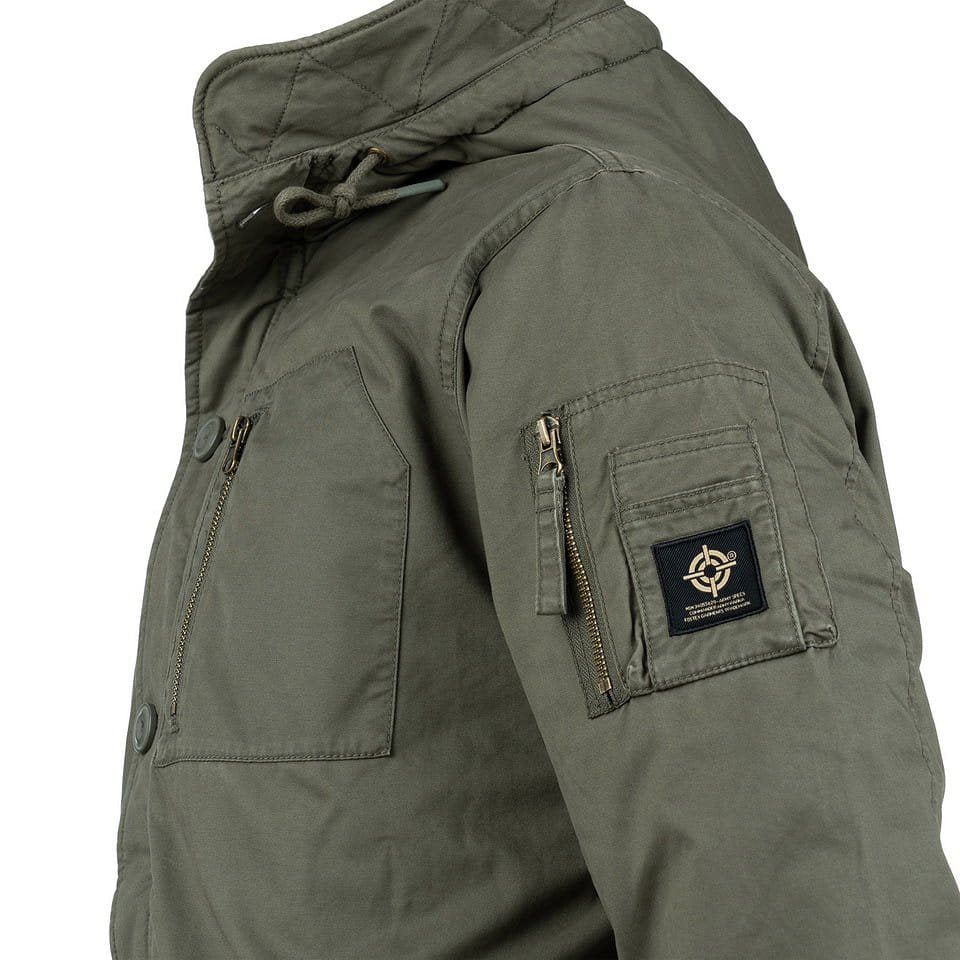 Parka Commander Army verde, parka cálida de algodón con acabado lavado vista frontal