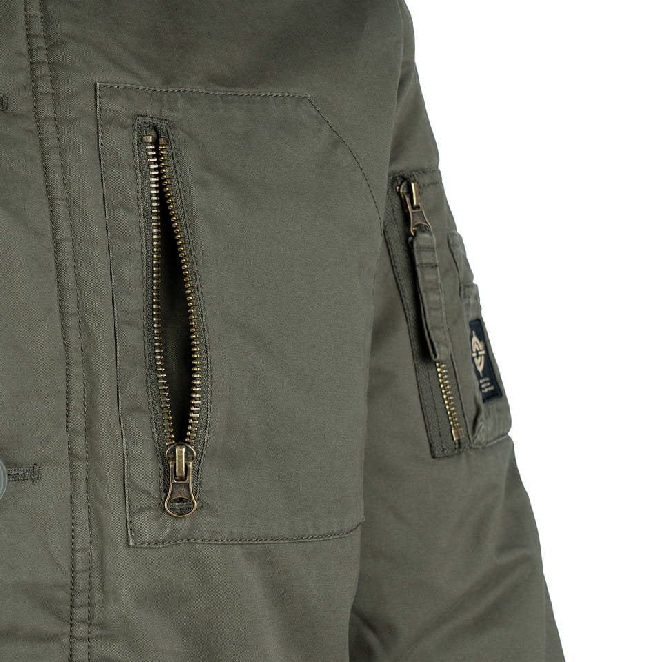Parka Commander Army verde, parka cálida de algodón con acabado lavado vista frontal