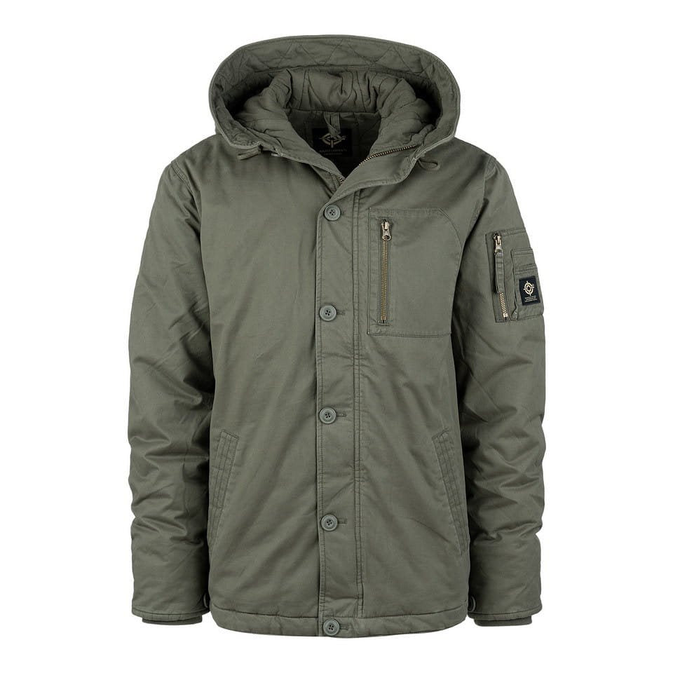 Parka Commander Army verde, parka cálida de algodón con acabado lavado vista frontal