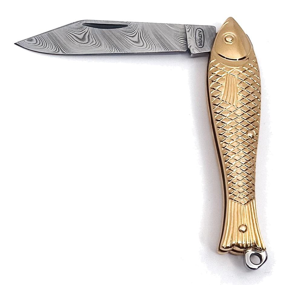 Navaja de damasco PMC27 con mango de latón dorado, hoja 55 mm y estuche de madera