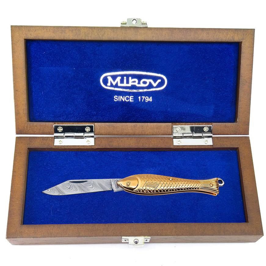 Navaja de damasco PMC27 con mango de latón dorado, hoja 55 mm y estuche de madera