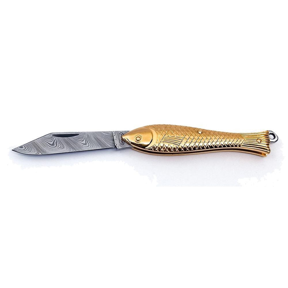 Navaja de damasco PMC27 con mango de latón dorado, hoja 55 mm y estuche de madera