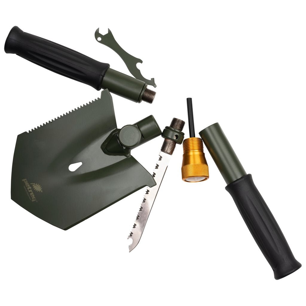 Pala plegable SURVIVAL II 7 en 1 verde con funda y fijación para cinturón