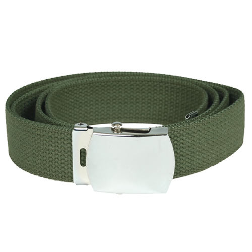 Cinturón US verde de lona con hebilla plateada, largo 130 cm