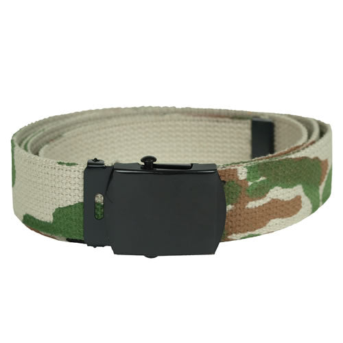 Cinturón US Woodland 130 cm de lona con hebilla metálica negra, reversible (camuflaje / liso)