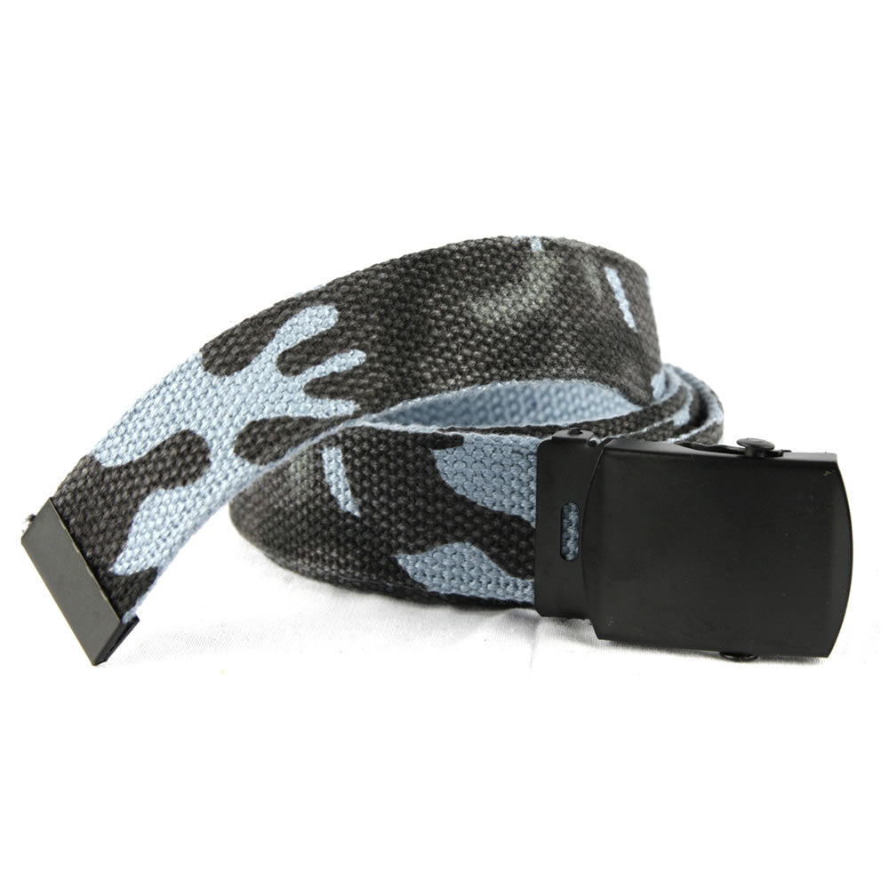 Cinturón US de lona con hebilla negra, reverso liso y camuflaje SKY BLUE CAMO