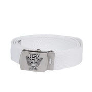 Cinturón blanco para pantalón con hebilla plateada y emblema USN