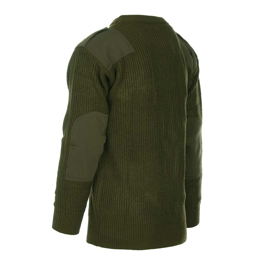 Suéter militar estilo NATO verde, 100% acrílico, con refuerzos en hombros y codos y bolsillo en el pecho