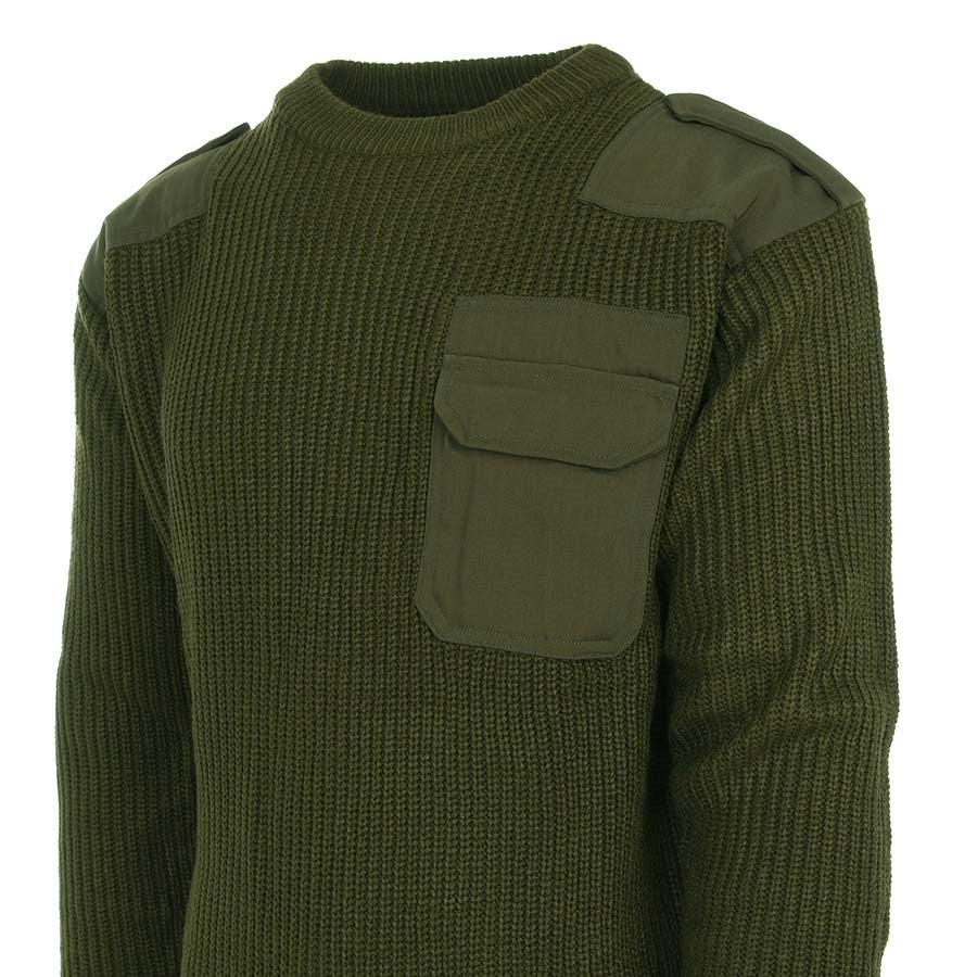 Suéter militar estilo NATO verde, 100% acrílico, con refuerzos en hombros y codos y bolsillo en el pecho