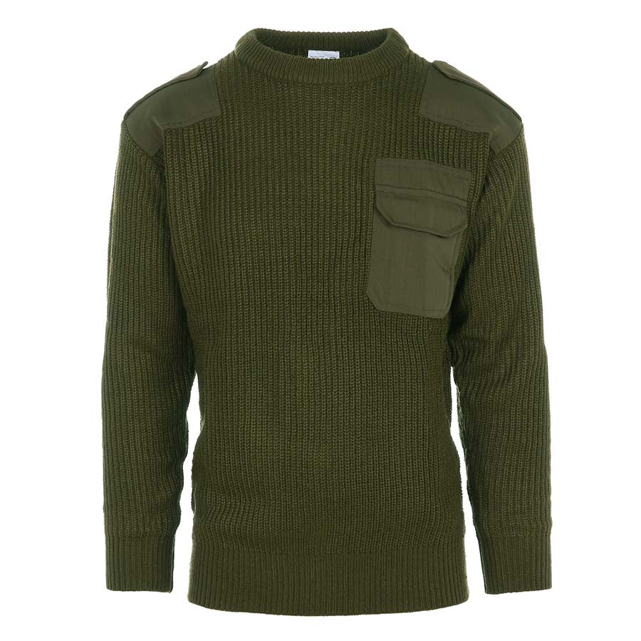 Suéter militar estilo NATO verde, 100% acrílico, con refuerzos en hombros y codos y bolsillo en el pecho