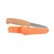 Cuchillo FLOATING con mango de corcho naranja, hoja acero inoxidable 12C27 y filo dentado; incluye funda naranja