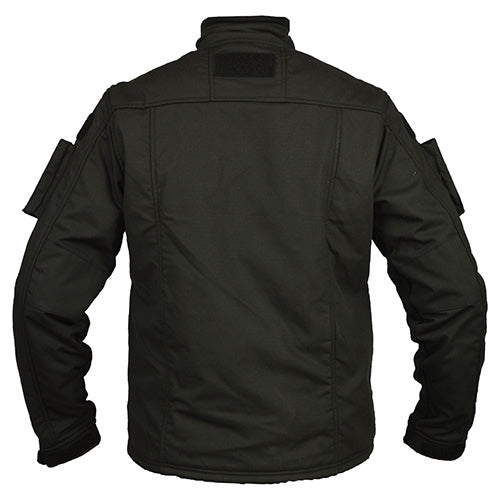 Chaqueta táctica Combat Fleece negra con bolsillos en mangas y paneles velcro para parches