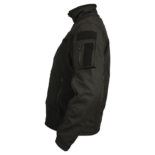 Chaqueta táctica Combat Fleece negra con bolsillos en mangas y paneles velcro para parches