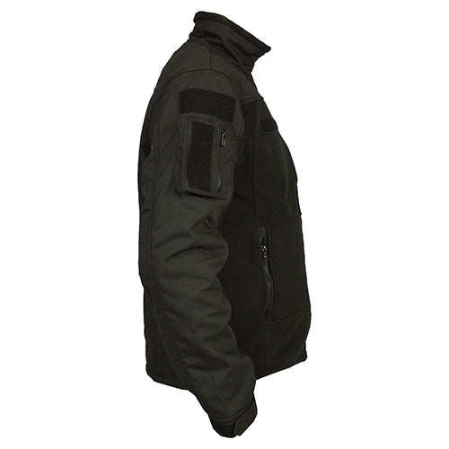 Chaqueta táctica Combat Fleece negra con bolsillos en mangas y paneles velcro para parches
